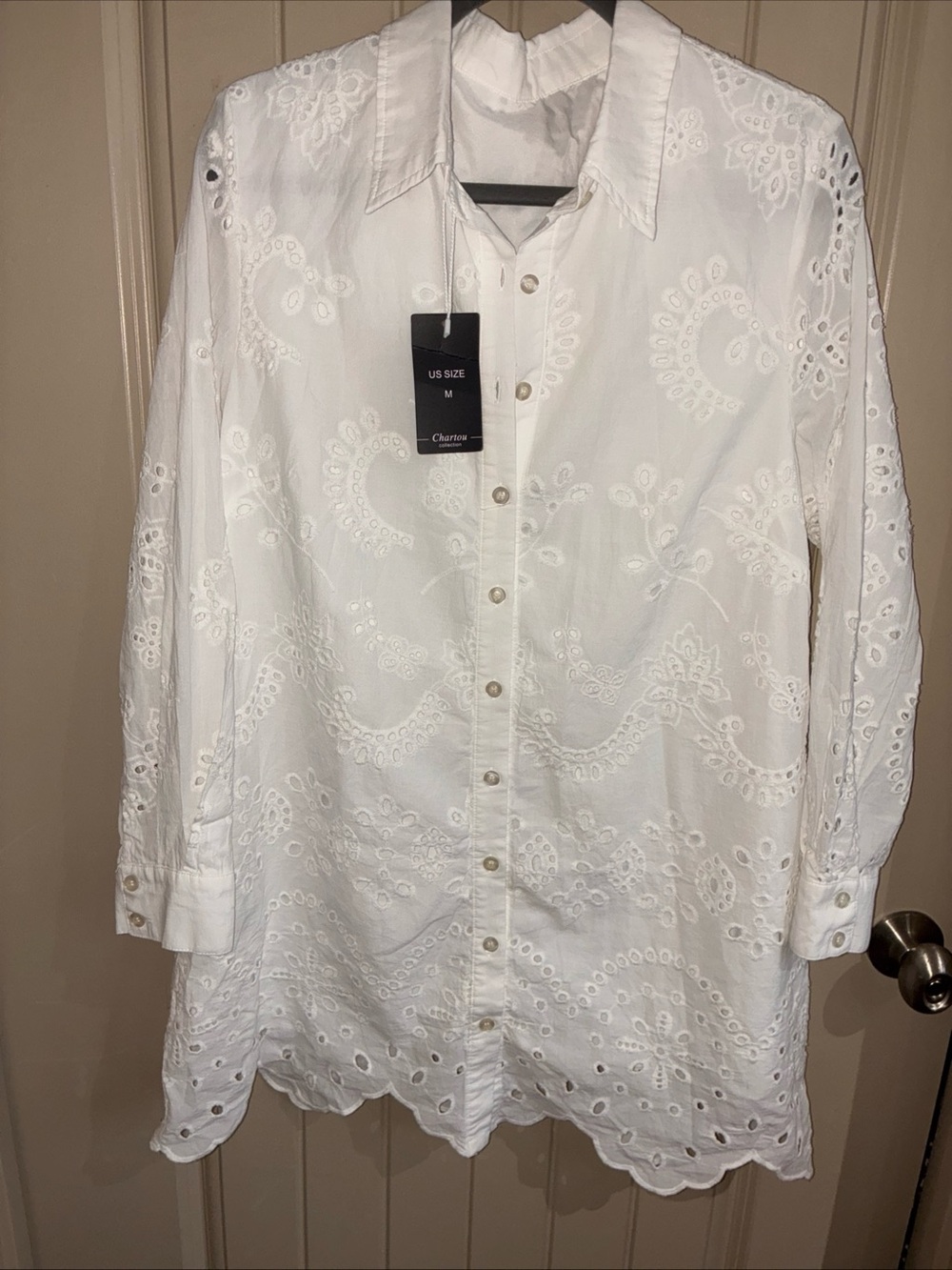 White Eyelet Mini Shirt Dress - Chartou